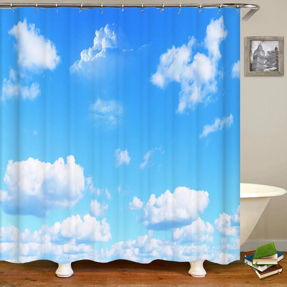 Natural landscape Blue Sky White Clouds Shower Curtains Bathroom Curtain Frabic Waterproof Polyester Bath Curtain with Hooks