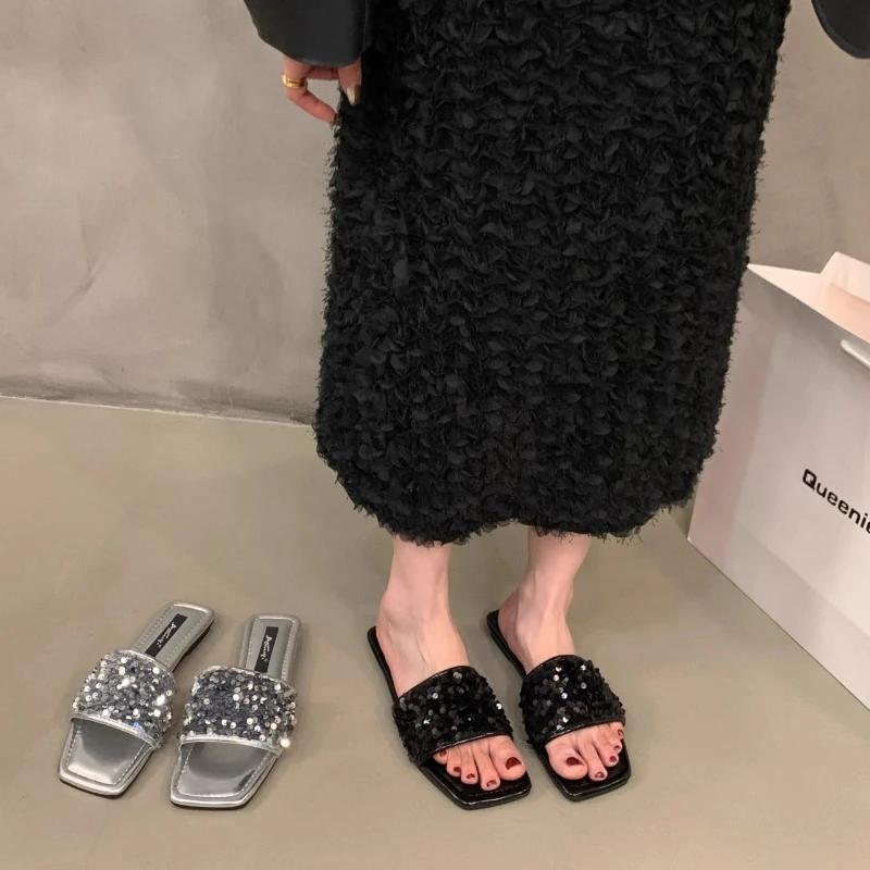 Fashion Women's Shoes 2024 High Quality Summer Solid Color Open Toe Women's Slippers Fashion Sequined Low Heel Women's Beach Slippers