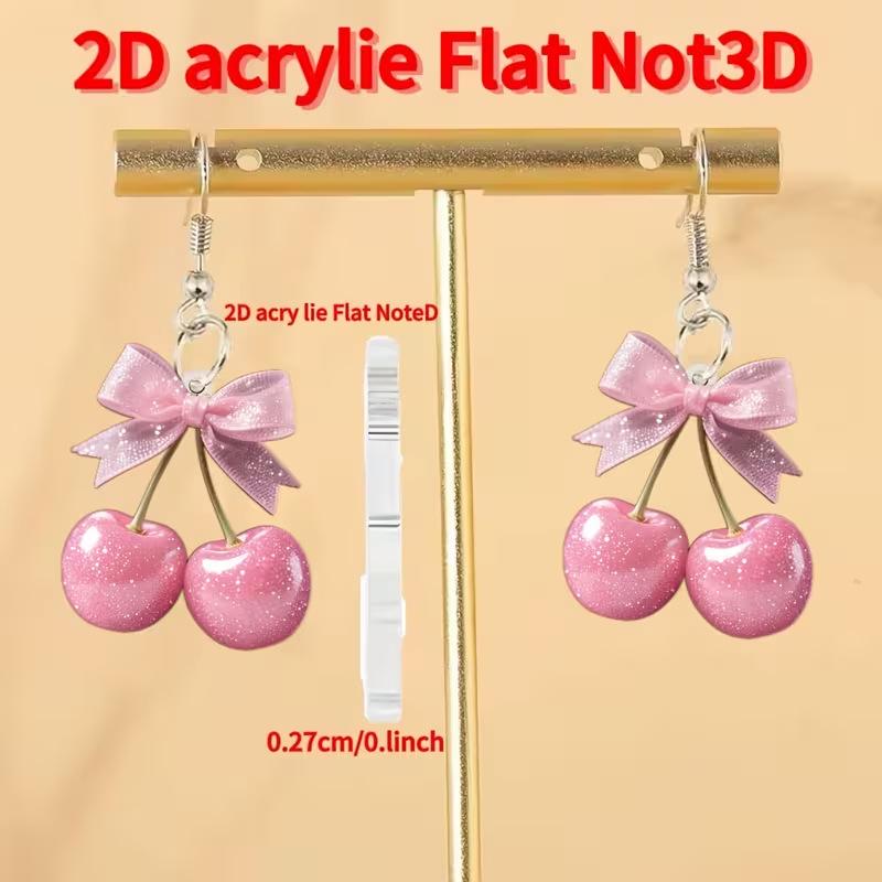 Pink Bow Cherry Acrylic Earrings - Sweet, Fresh, Girlish Style