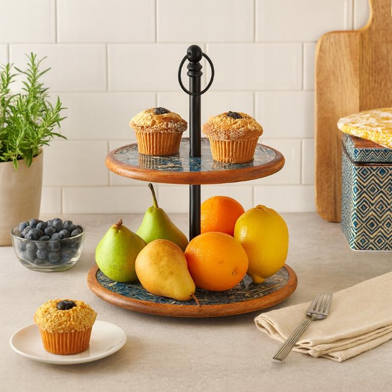 Two-Tier Wooden Tray, with Floral Pattern