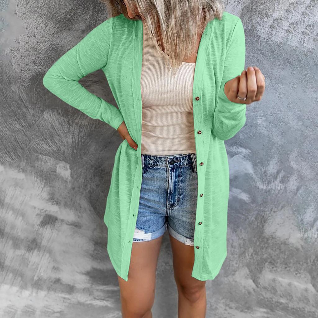 Women Long Sleeve Button Front Cardigan Mid Length Open Front Knit Sweater Lightweight Casual Outerwear