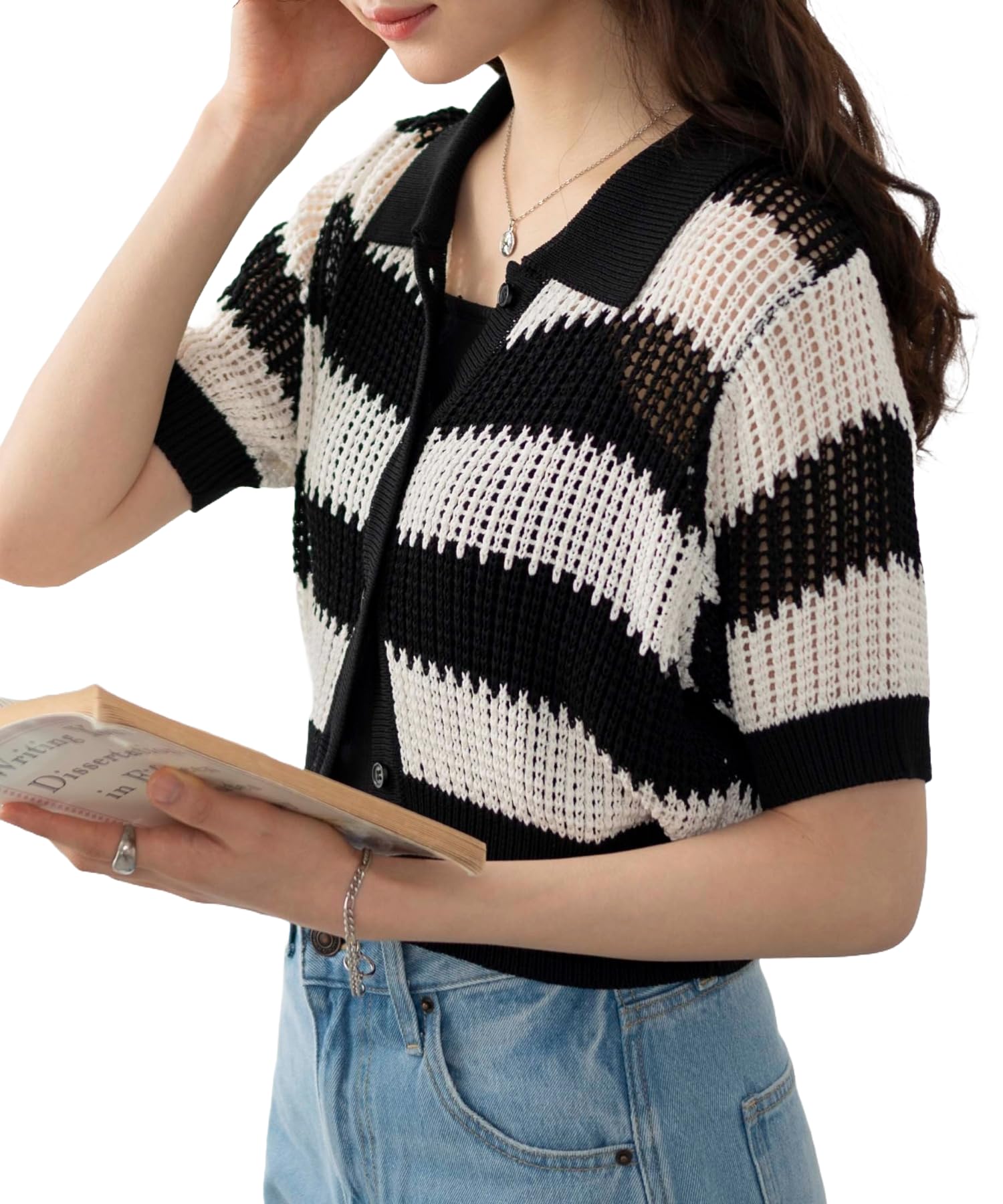 

WEGO Кардиган из сетчатого трикотажа с воротником и короткими рукавами, женская футболка в черную полоску корейского размера, уличная одежда, стиль, весенне-летний наряд,