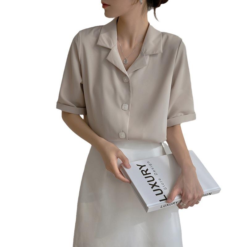 GMXIA Women's Summer White Blouse Career Chiffon White Shirt Ladies Designer Commuter Short Sleeve Temperament Top