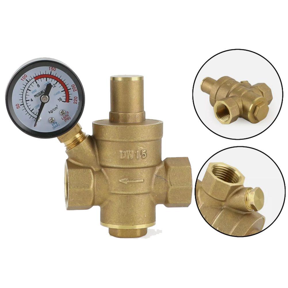Verstellbares Messingventil mit Manometer zur Regelung des Wasserdrucks in 1/2 Zoll DN15 Sanitär- und Bewässerungssystemen