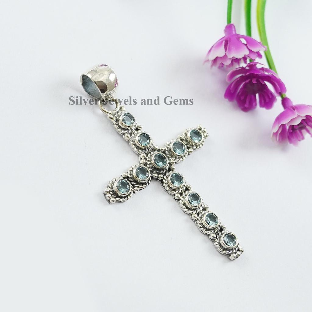 Natural Blue Topaz Cross Pendant, Anniversary Pendant, Round Gemstone Pendant, 925 Sterling Silver Pendant, Topaz Handmade Pendant