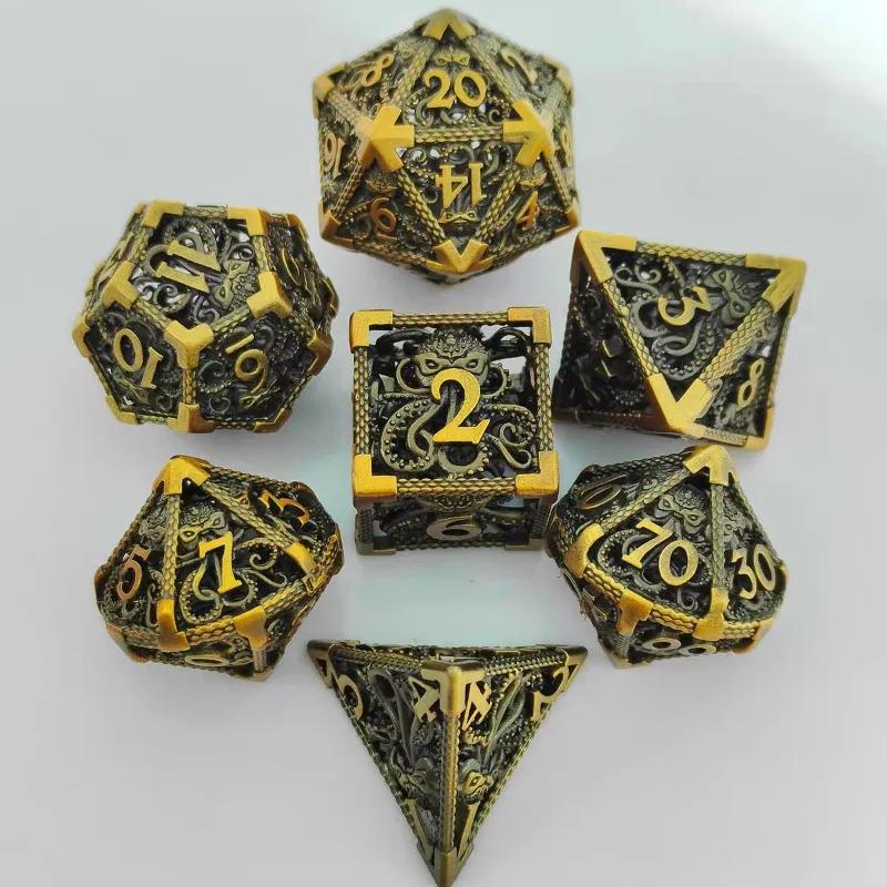 7 Pcs Hollow Metal Dice Set for DND RPG Dragon-Engraved Polyhedral Dice Tabletop Gaming Accessories for Dungeon Master Collector