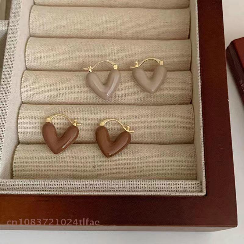 YY30~French Romantic Wine Red Enamel Heart Shaped Pendant Earrings Fashion Jewelry For Women Eardrop Accessories