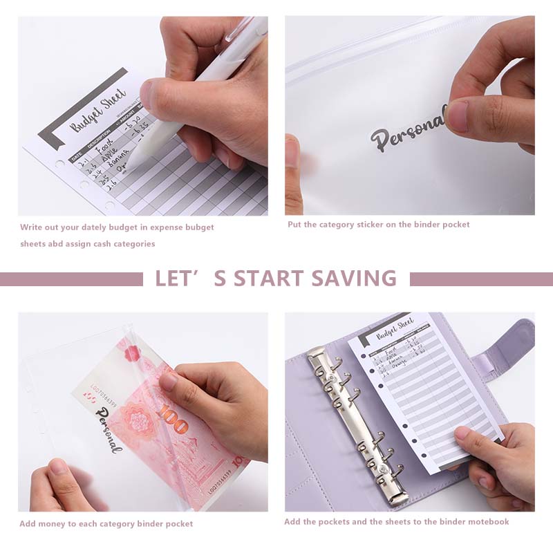 A5 budget binder planner with 5 cash envelopes and plan pages, colored PU leather notebook binder