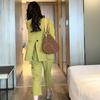 Women Suit Coat Lapel 3/4 Sleeve Double Breasted Suit Jacket Solid Color Loose Fit Flap Pockets Business Outwear