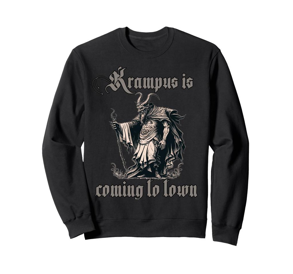 Ein gruseliger Weihnachtspaß: Ein Horror-Krampus-Sweatshirt unter dem Weihnachtsbaum.