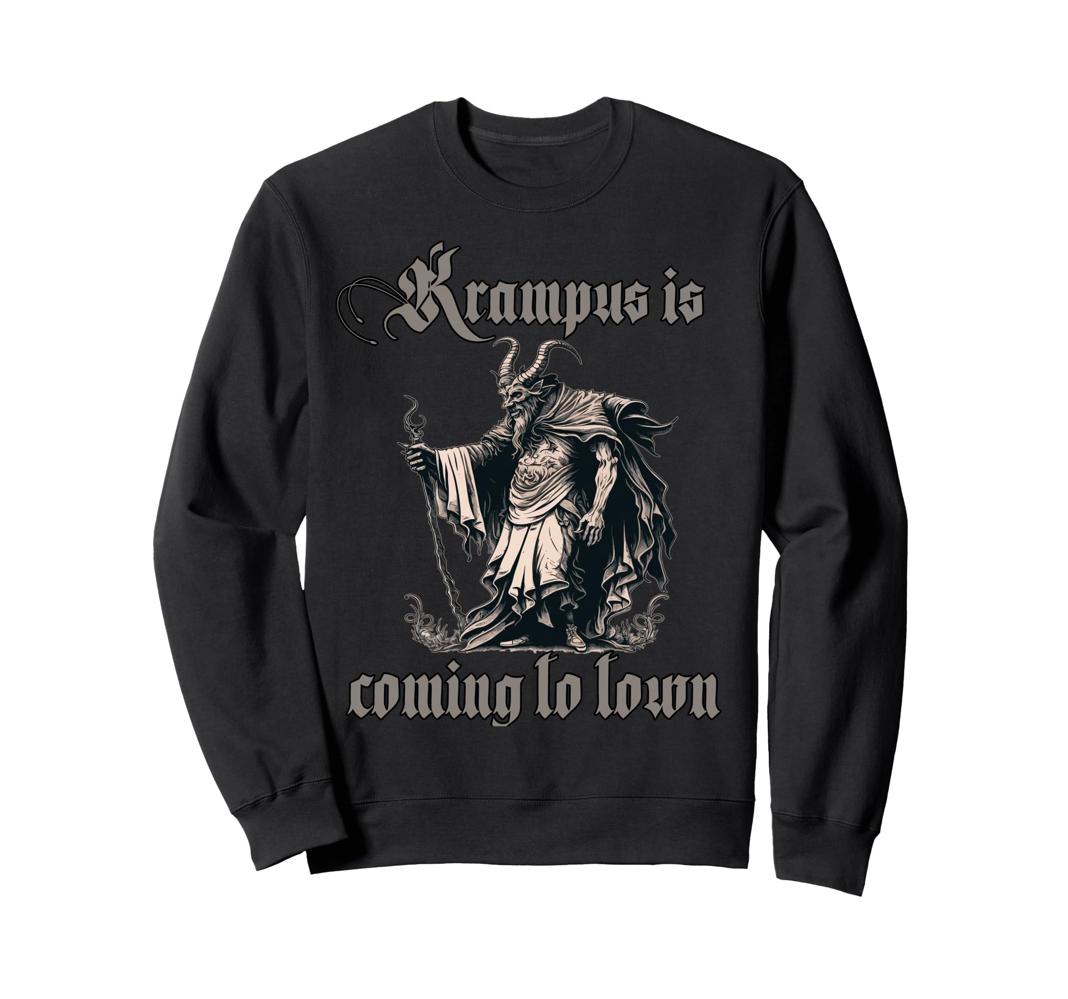 A scary Christmas fun: A horror Krampus sweatshirt under the Christmas tree.