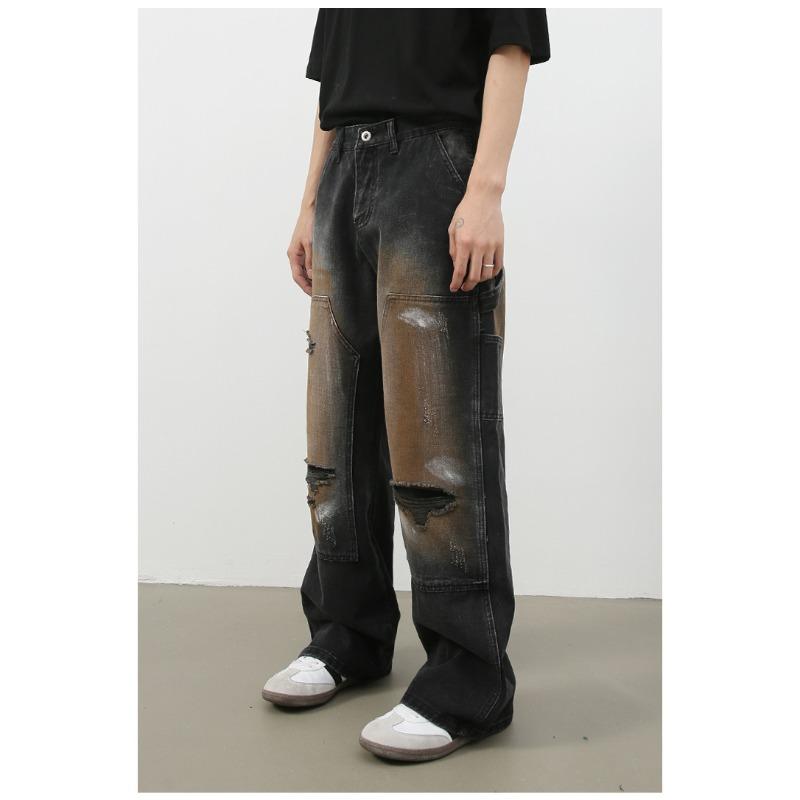 Street Retro Lumberjack Jeans Men's High Street Broken Hole Loose Straight Pants Straight Loose Jeans for Men Fashionable and Comfortable Pants