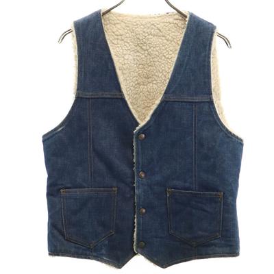 70s No Sleeve Denim Boa Best M Ranch Wear, Western Indigo Blue Men's Used