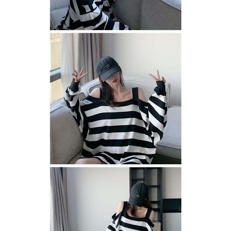 Women Plus Size Loose Striped Off Shoulder Hoodie Early Autumn Casual Ins Style