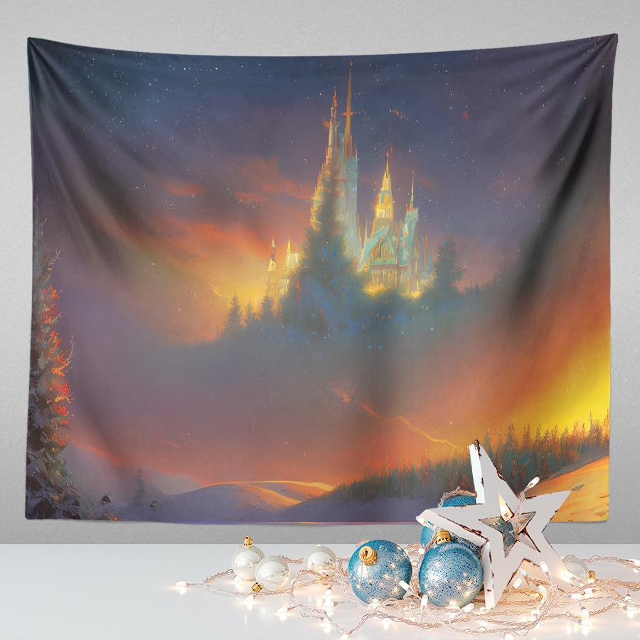 Amazon Festive Hanging Cloth Christmas Background Cloth Printed Cartoon Christmas Tree Snowman Tapestry