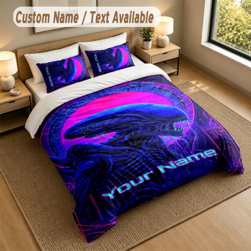 3Pcs Bedding Set Custom Name Text, 1 Sheet 2 Pillowcases Home Bed DecorAlien Xenomorph