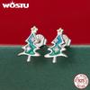 WOSTU 925 Sterling Silver Christmas Snowman Pearl Stud Earrings Xmas Red Hat Reindeer Ear Buckles New Year Jewelry Holiday Gift