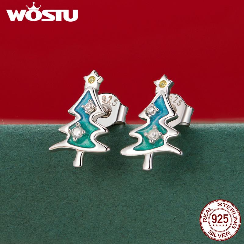 WOSTU 925 Sterling Silver Christmas Snowman Pearl Stud Earrings Xmas Red Hat Reindeer Ear Buckles New Year Jewelry Holiday Gift