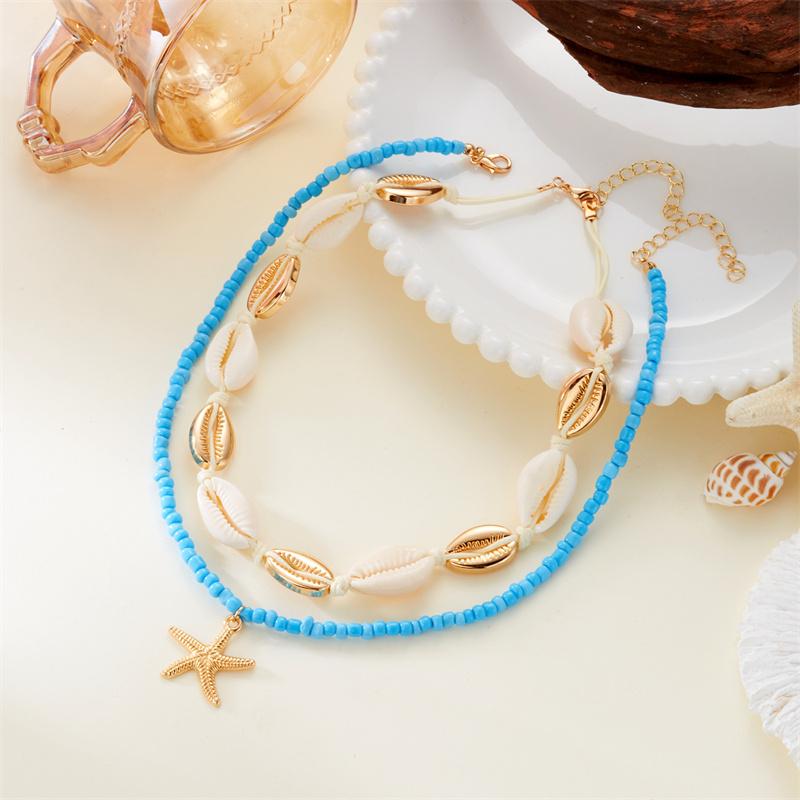 Boho Gold Color Starfish Shell Pendant Necklace for Women Double Layer Rice Beads Sea Shell Choker Summer Beach Party Jewelry