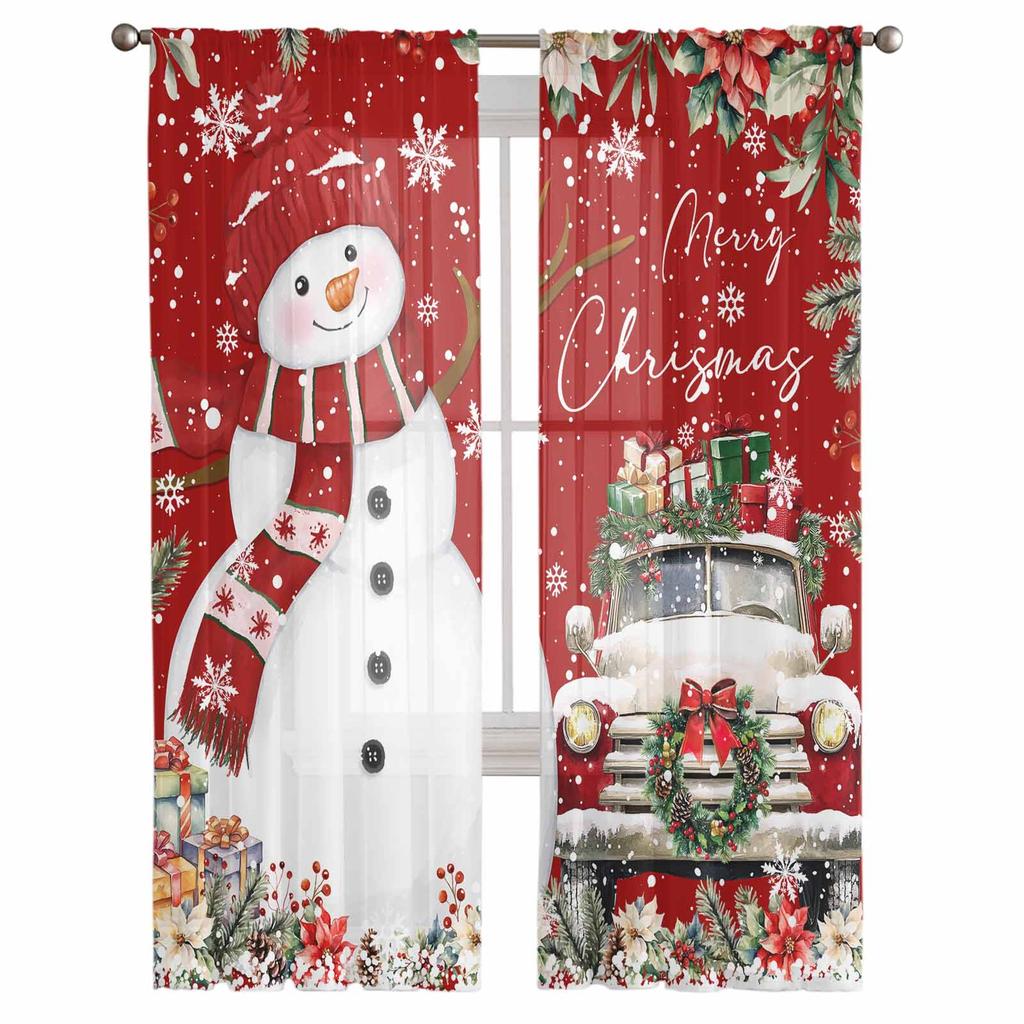 Christmas And Winter Snowman Poinsettia Curtains For Living Room Bedroom Home Decoration Window Voile Tulle Curtain Drapes