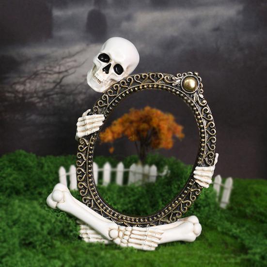 Vintage Skeleton Mirror Frame Statue Gothic Halloween Skull Hold Mirror Figurine Resin Skeleton Sculpture for Shelf Mantel Home Office Decor
