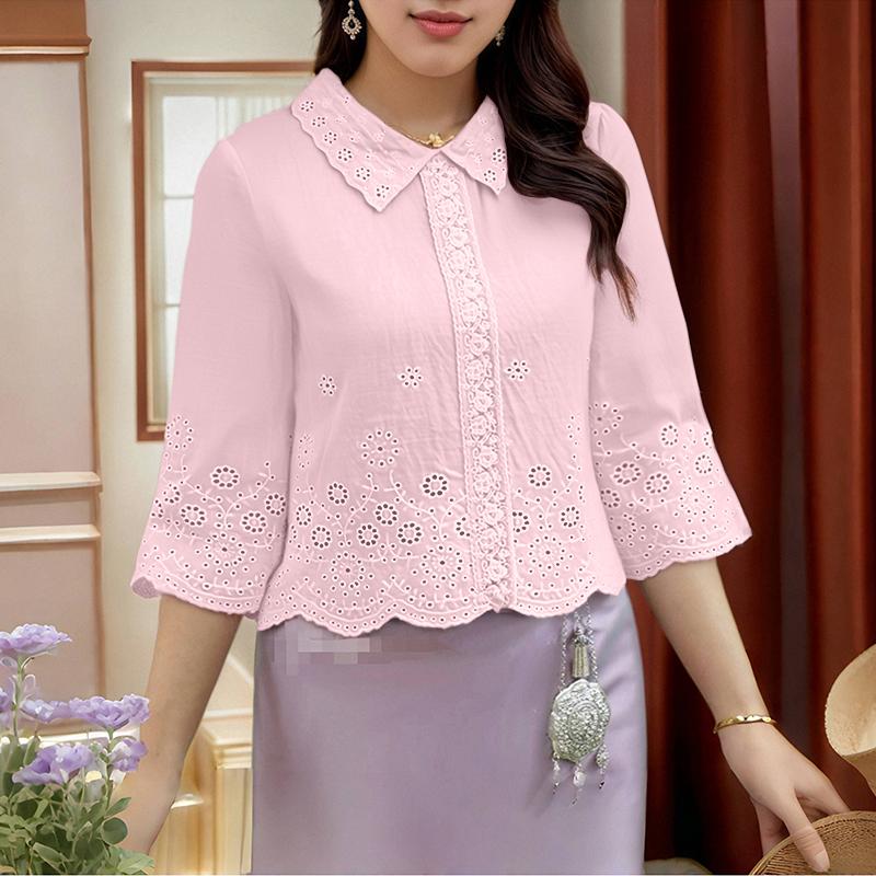 ZANZEA Women Casual Turn Down Collar 3/4 Sleeve Loose Crochet Blouse