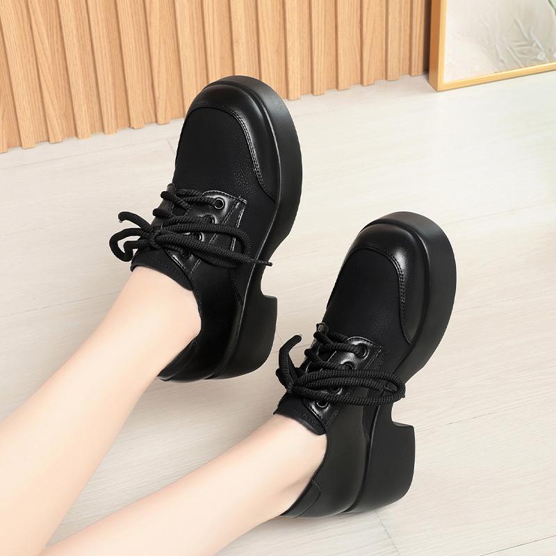 5cm Vintage Comfortable Soft Leather Loafers Women Platform Shoes 2025 Fall Med Square Heels Shoes Thick Bottom for Office Mom