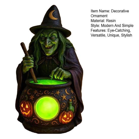 Halloween Witch Cauldron Lamp with Eerie Green Glow LED Landscape Light Spooky Witch Brewing Pot Light for Living Room Bedroom Office