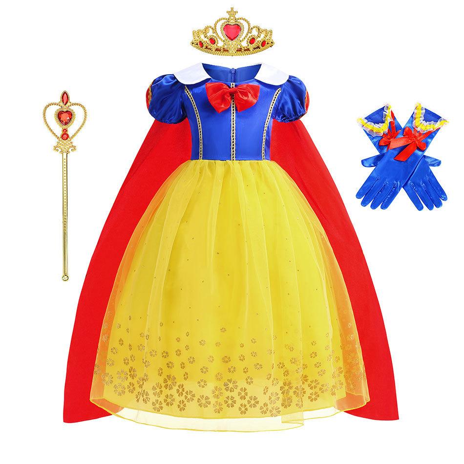 

4pcs Disney Snow White Pop Princess Dress Costume Summer Outfit Heavy Duty Blue and Yellow Color Block Puff Sleeve Princess Dress 150cm