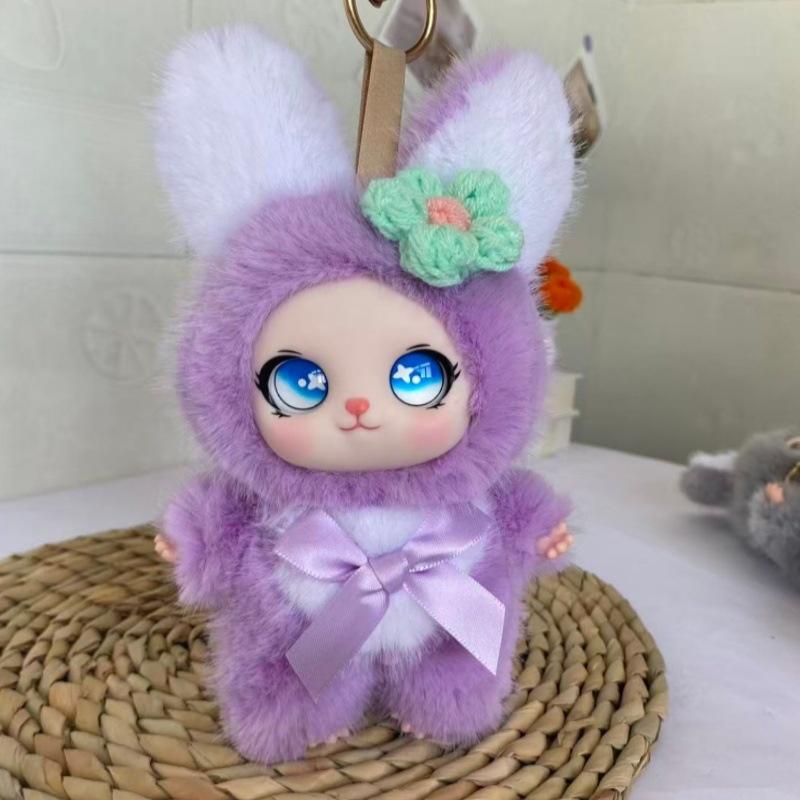 Soft Kawaii Plush Bunny Pendant with Knitted Flower Bow Fashion Bag Charm for Girls Birthday Gift Schoolbag Decor