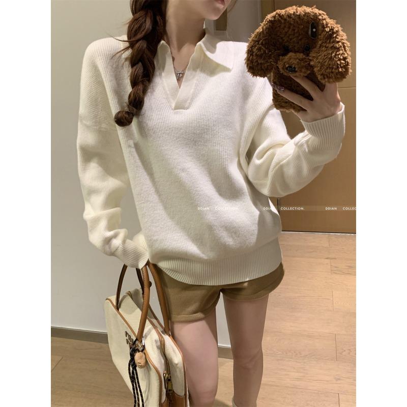 Solid color polo lapel top spring slack soft waxy and thin bottoming shirt with knitted sweater inside women