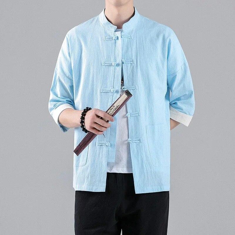 Çin Tarzı Erkek Üstleri Tang Takım Elbise Keten Yarım Kollu Katı Geleneksel Kung Fu Çin Tarzı Hanfu Gömlek Artı Boyutu