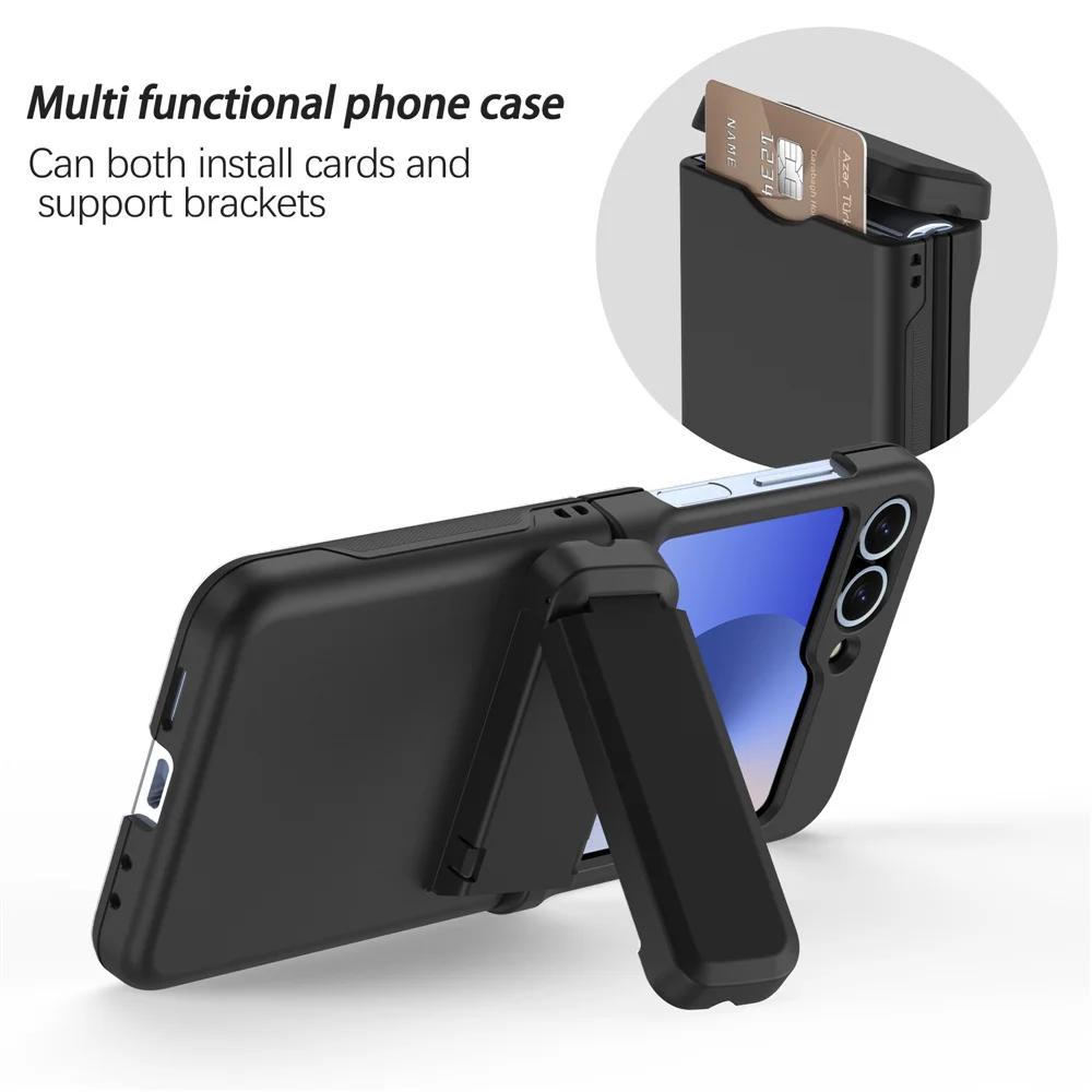 Phone Case For Samsung Galaxy Z Flip 7 FE 6 5 4 3 Flip6 Flip7 Multifunctional Card Holder Hinge Protection Kickstand Cover