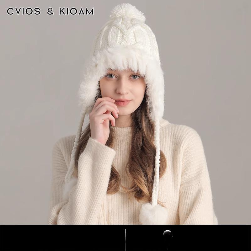 New Korean Winter Pullover Hat for Women Plus Velvet Thick Plush Knitted Outdoor Warm Wool Ball Ear Protection Hat