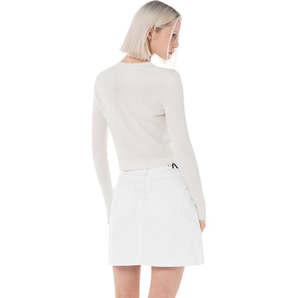 Calvin Klein Jean Jacquard Lettre Col en V Manches Longues Tricot Top Femme tops Blanc cassé J224287