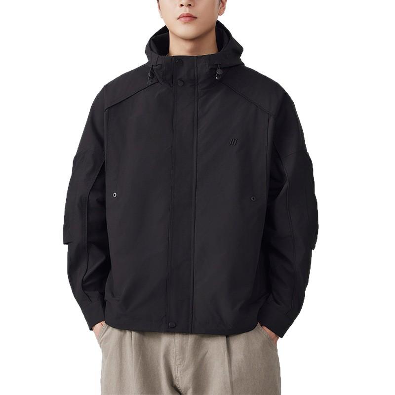 Black Embroidered Hooded Jacket for Men's Autumn New Street Functional Work Jacket