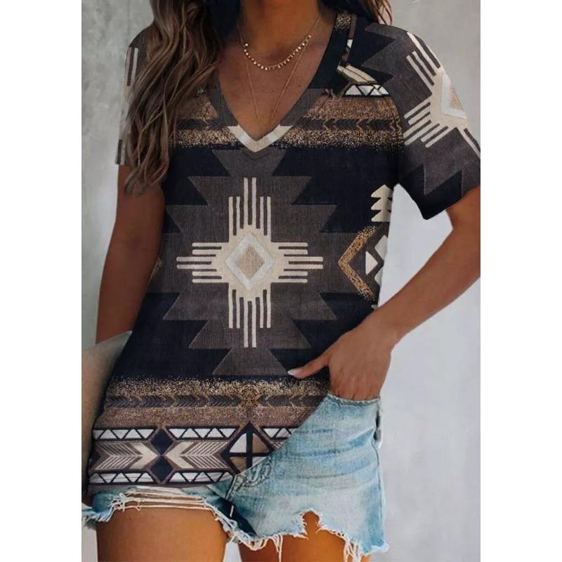 Summer V-neck 3D Retro Ethnic Style Printed Top Fashionable Casual Short Sleeved Women's T-shirts