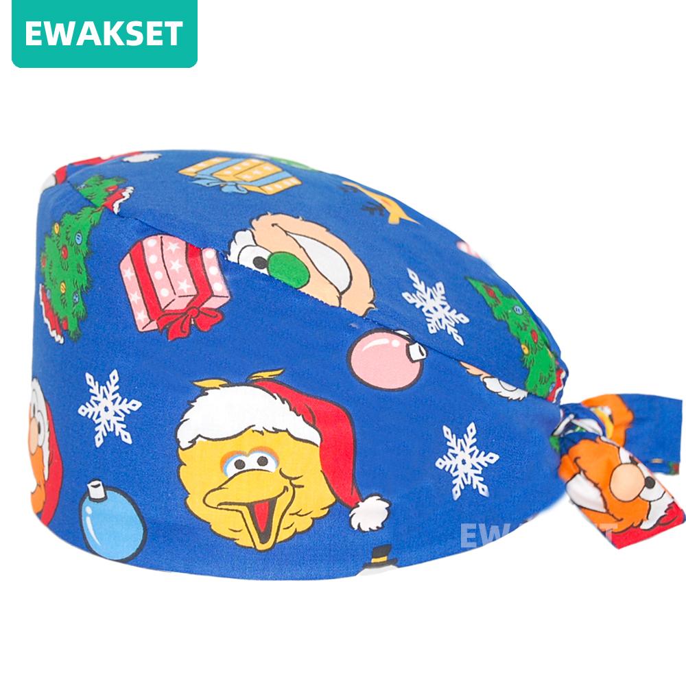 Unisex Christmas Printed Medical Caps Women Men Nurse Doctor Top Surgical Cap Chef Working Hat 100%cotton Scrub Cap