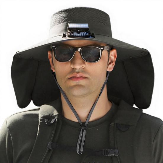 Fan Hat Wide-Brimmed Shawl Fishing Hat with Dual-Power Fan Design