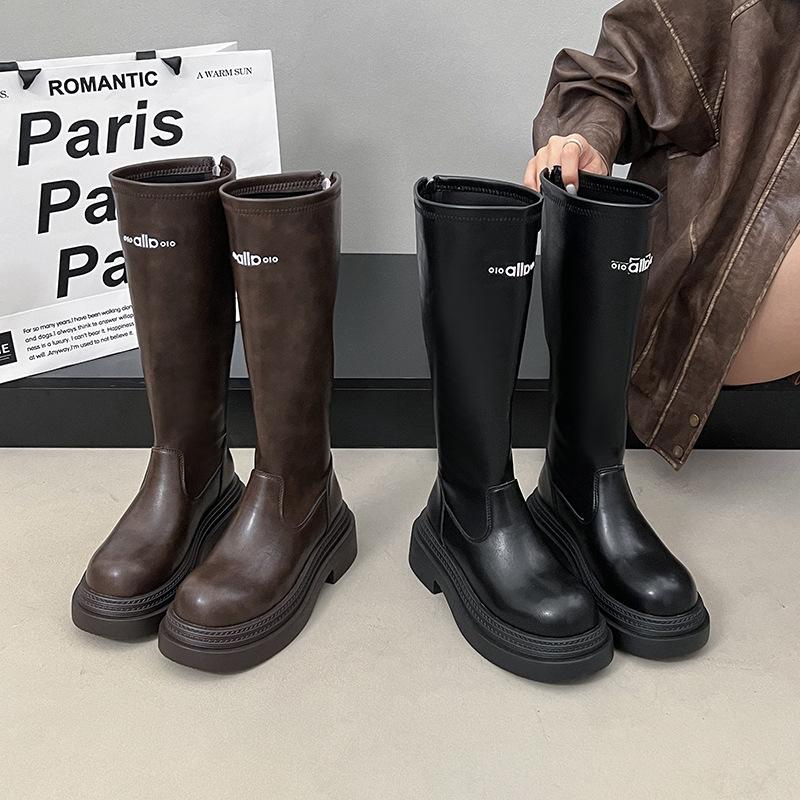 [Fanfna] Retro Style Simple Letter Boots Women's 2025 Autumn New Thick-soled High-end Knight Boots Boots Boots