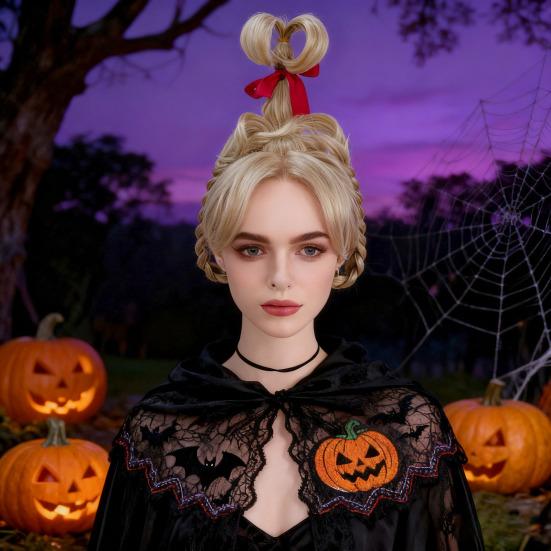 Women Wig Blonde with Red Bow Long Braids