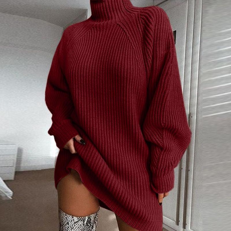 Maglioni a collo alto autunnali e invernali da donna, irregolari, larghi, taglie forti, caldi, di media lunghezza, lavorati a maglia, per donna