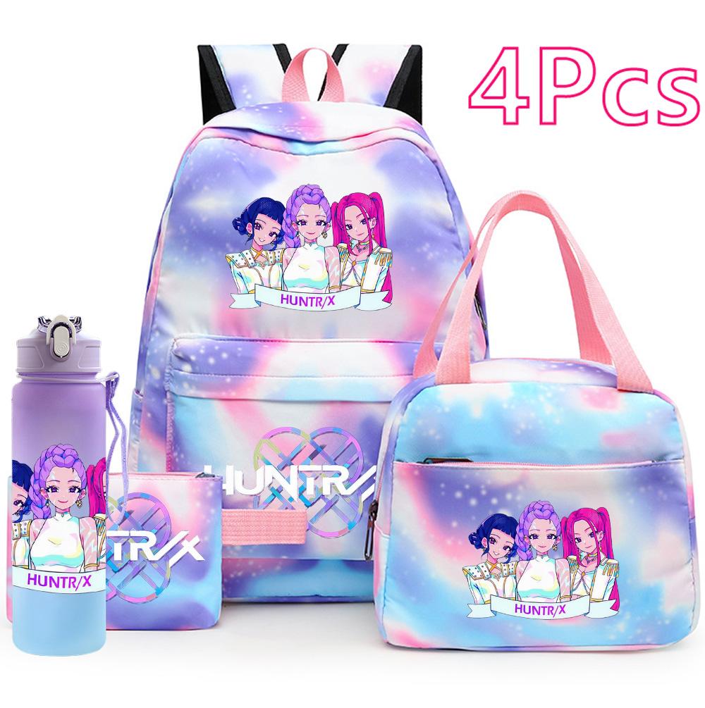 4Pcs/set Anime K-Pop Printed Backpack Handbag Pencil Case with 750Ml Water Bottler for Teenager Boy Girl Schoolbag Large Capacity Bookbag Mochila