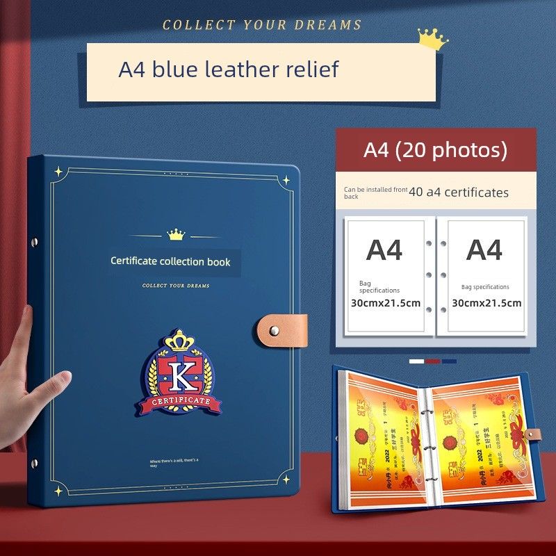 Student Award Storage Book A4 Leather Kids Works Collection Certificate of Honor Collection Book A5 Page Loose-Leaf Folder Blue/A4/20 Sheets