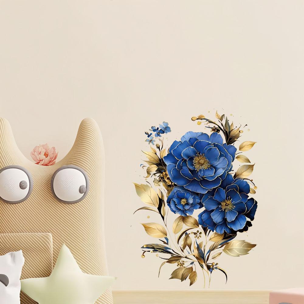 Self-adhesive Gorgeous Blue Peony Wall Stickers Large Flowers for Dining Room Accent Wall Home Decor