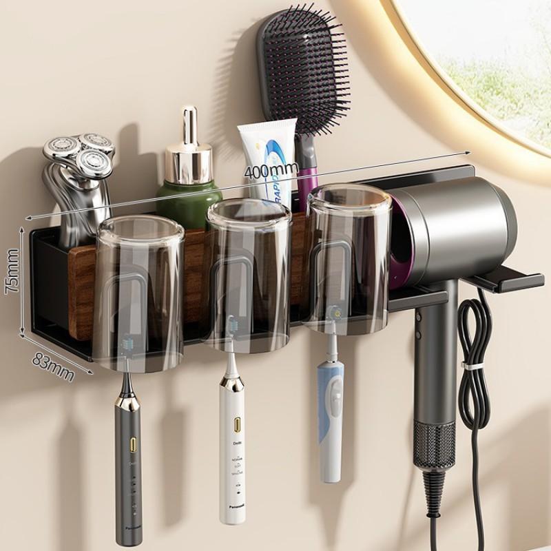 Walnut Wood Hair Dryer Holder Wall Mounted Bathroom Organizer Shelf Toothbrush Hairdryer Modern Minimalist Design