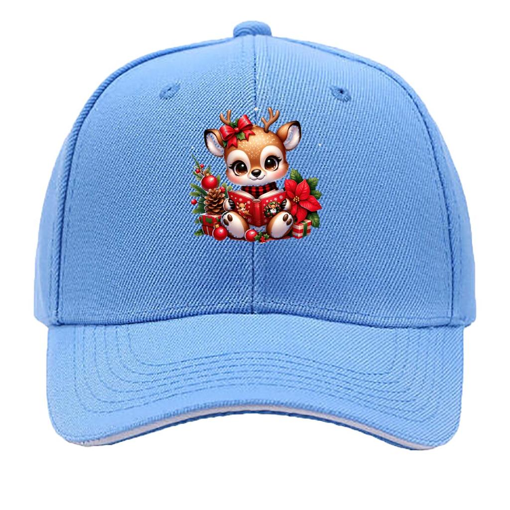 Cute Christmas Reindeer Reading Book Holly Poinsettia Gift Sandwich Baseball Cap Unisex Women Sun Cap Outdoor Workouts Hat
