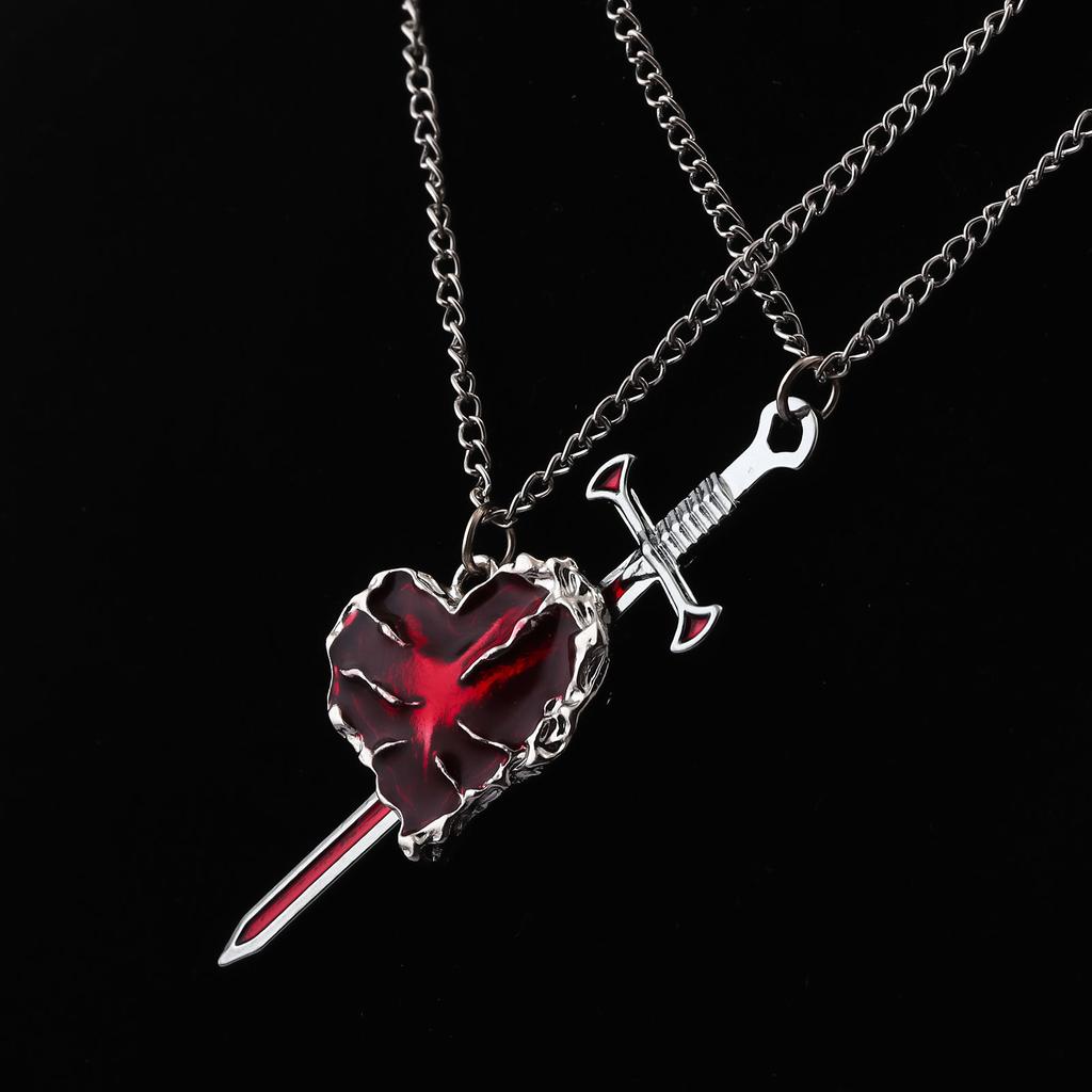New 2PCS/set Sword Heart Couple Necklace Gothic Love Heart-shaped Pendant Women Year's Christmas Valentine's Day Gift Jewelry