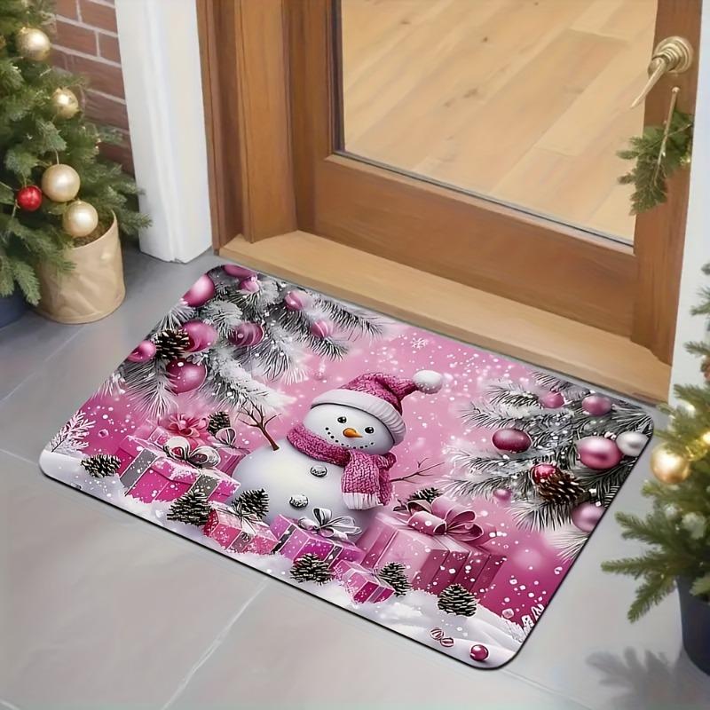 Pink Christmas Snowman Flannel Doormat Gift Box Pine Cone Baubles Snowflake Anti‑Slip Home Front Entrance Holiday Decor Rug