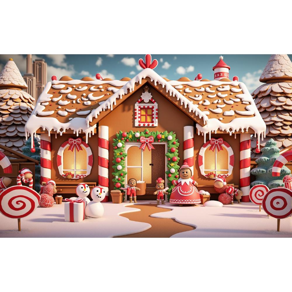 Gingerbread House With Snowy Tree Background Cloth 2025 Xmas New Year Party Decoration Supplies Photography Background Banner